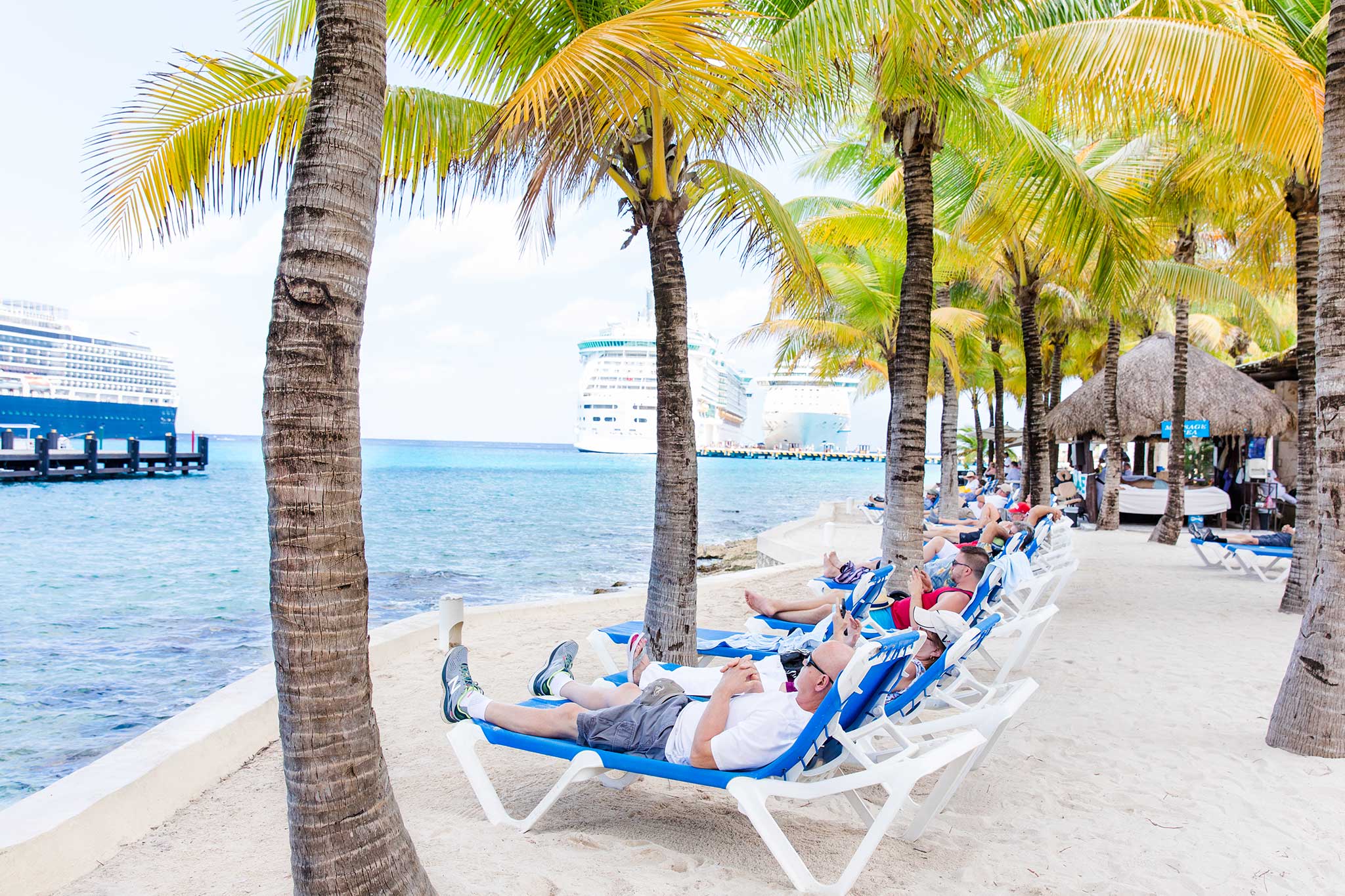 Rows of vacationers rest in the shade of palm trees on a beachside path beside the ocean and cruise port.