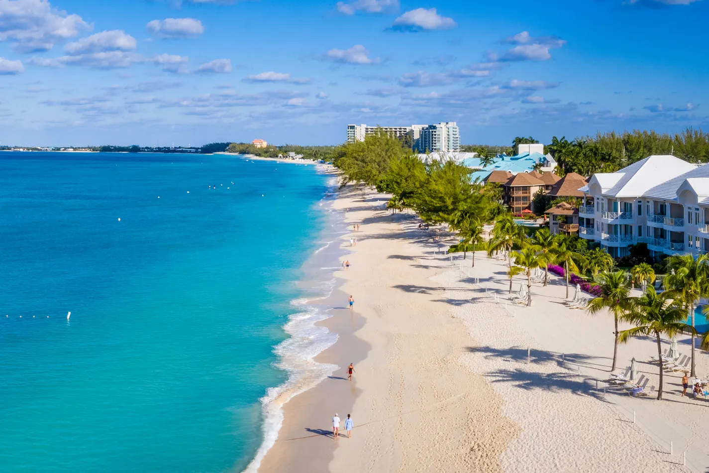 Overhead view of the blue water and sandy beach of Georgetown