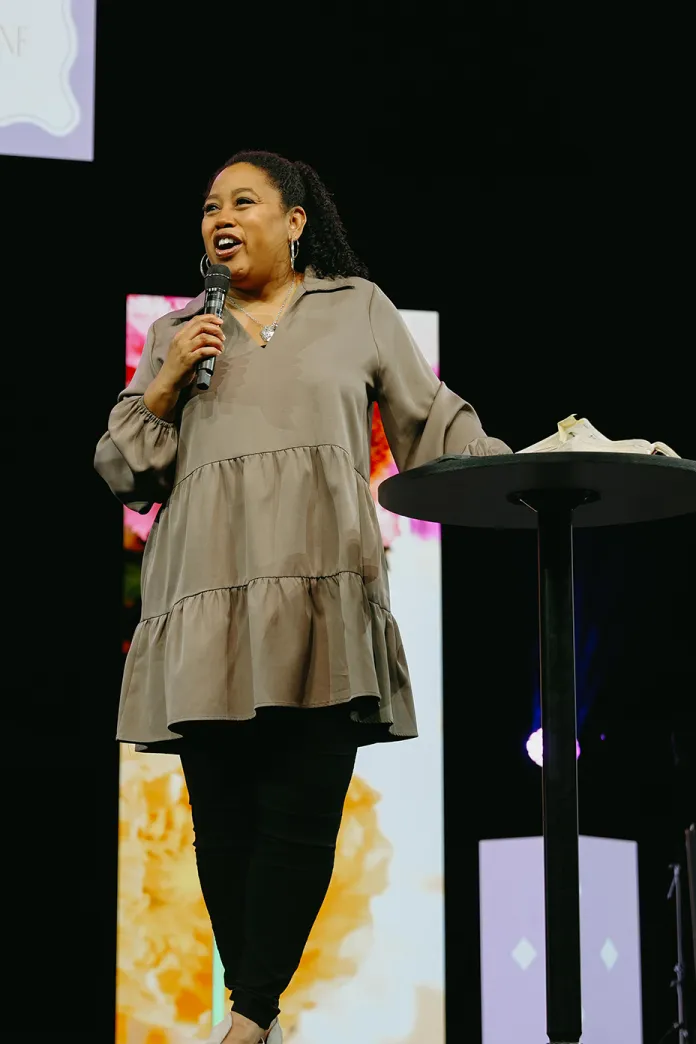 Chrystal Evans Hurst speaking on a stage