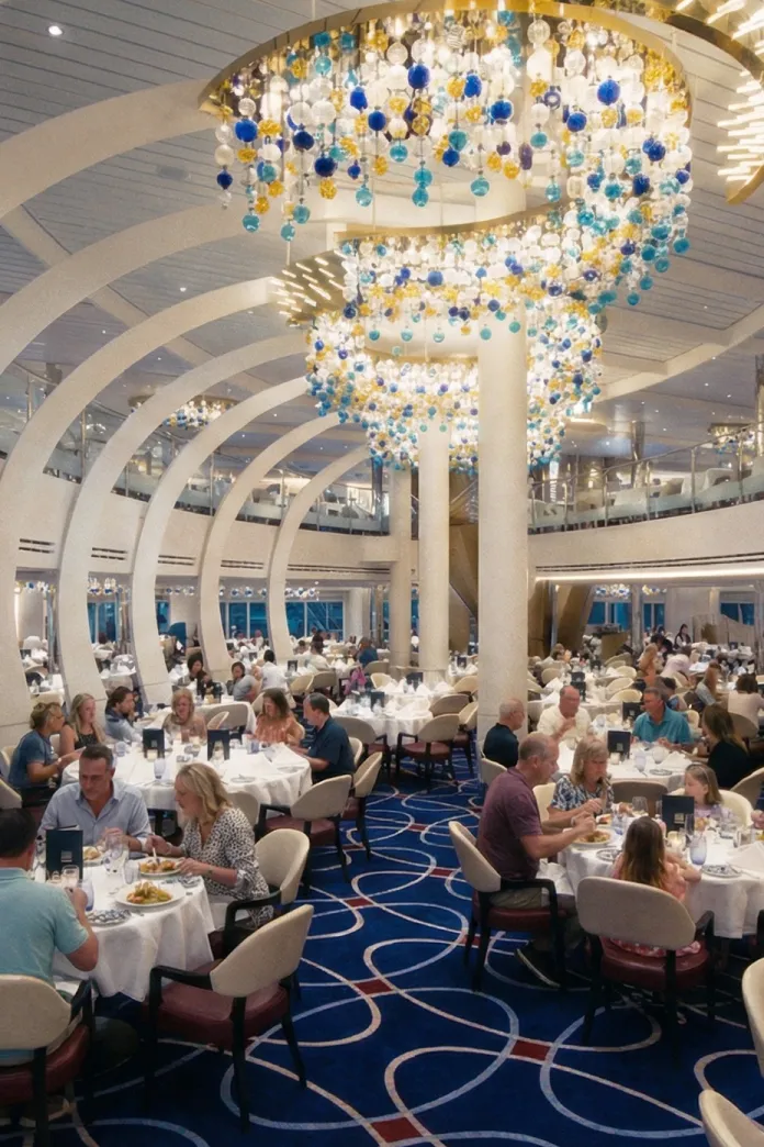 A spacious cruise ship dining room filled with guests seated at round tables, featuring tall columns and large, cascading chandeliers decorated with colorful glass orbs in blue, gold, and white.