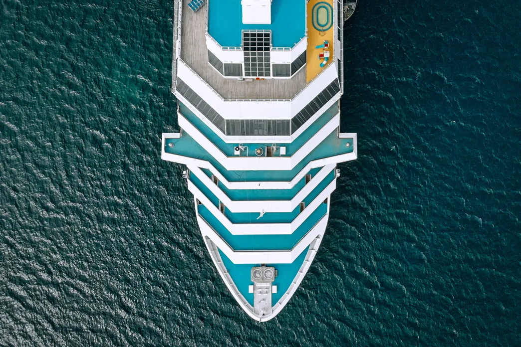 Overhead view of the front half of a cruise ship